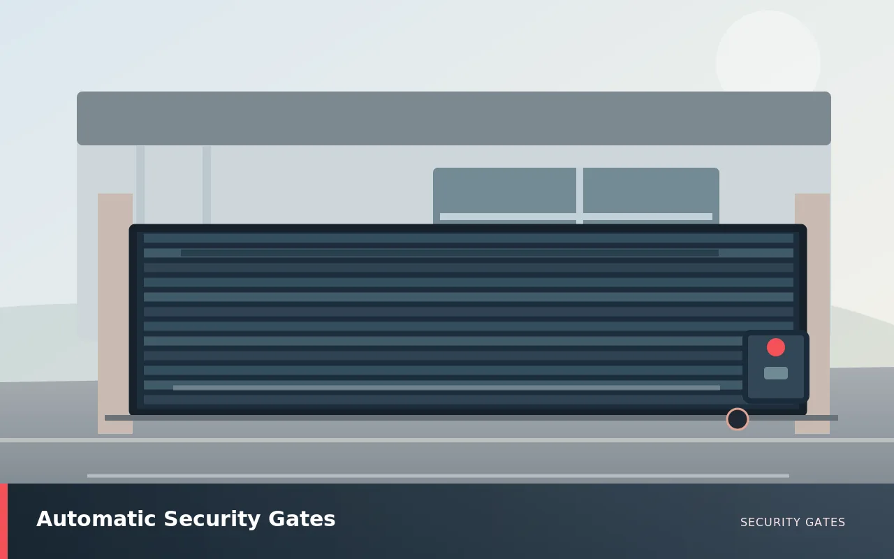 Automatic Security Gates: Automated driveway security gate with motor housing and safety equipment. UK security gates service illustration.