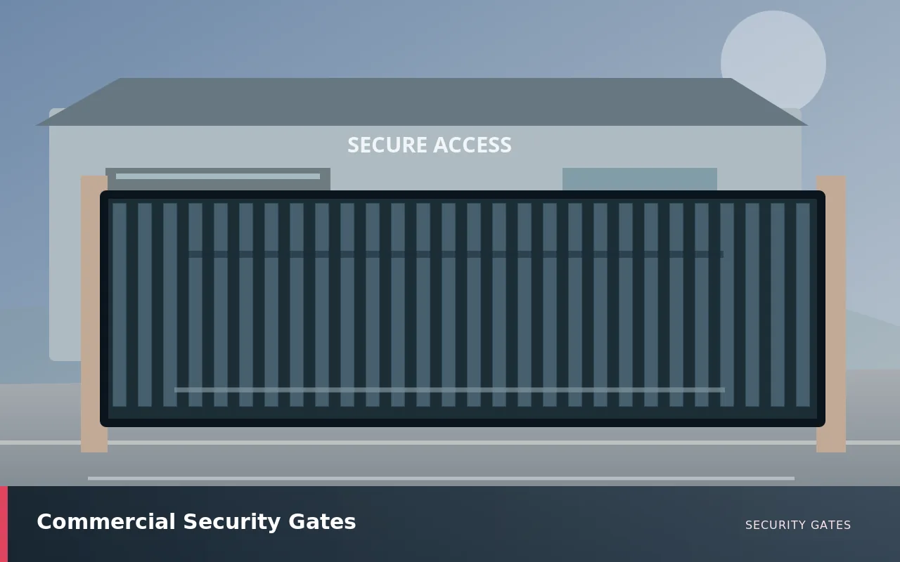 Commercial Security Gates: Heavy-duty commercial security gate guarding a warehouse entrance. UK security gates service illustration.