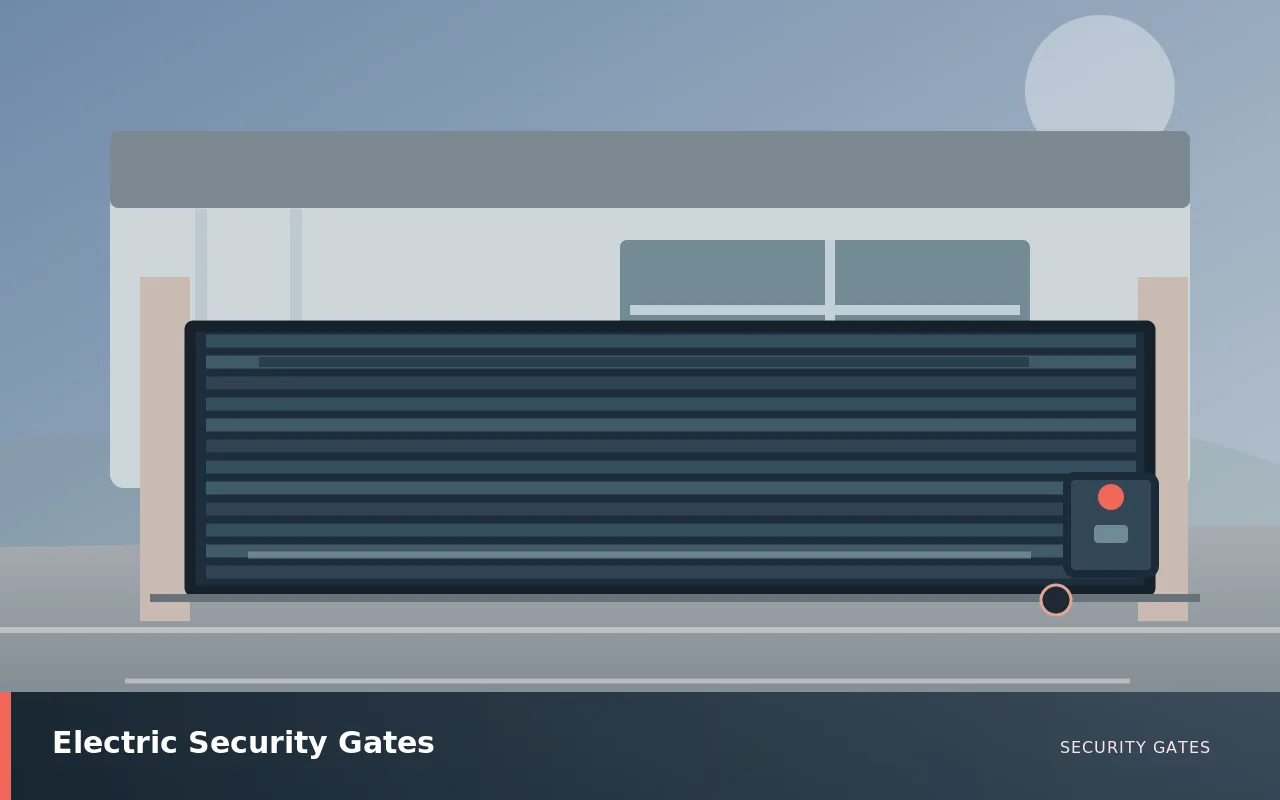 Electric Security Gates: Powered electric gate system with access keypad and gate motor. UK security gates service illustration.