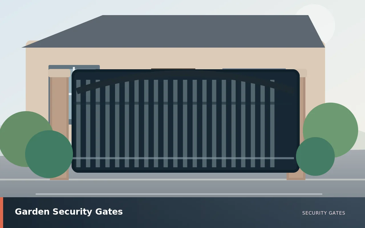 Garden Security Gates: Secure ornamental garden gate with steel frame and planted borders. UK security gates service illustration.