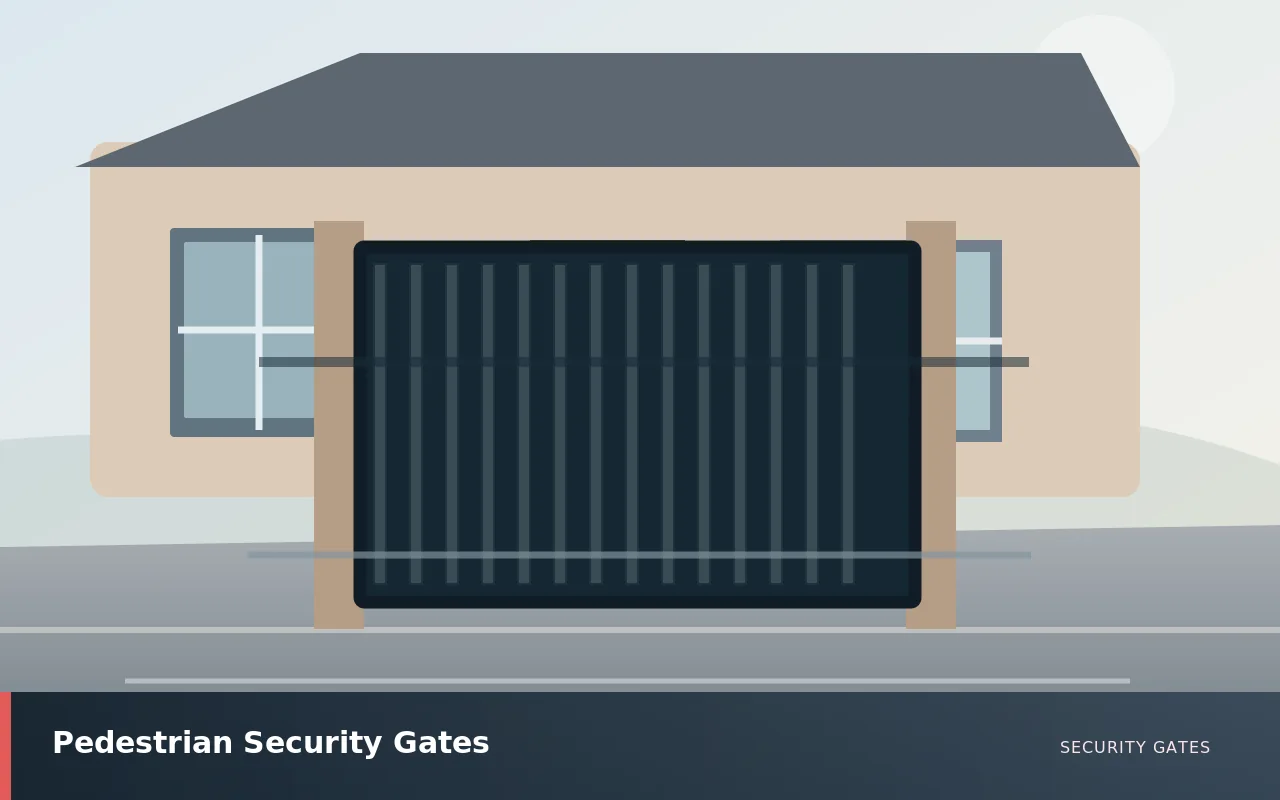 Pedestrian Security Gates: Secure pedestrian access gate with frame and latch at a garden side entrance. UK security gates service illustration.
