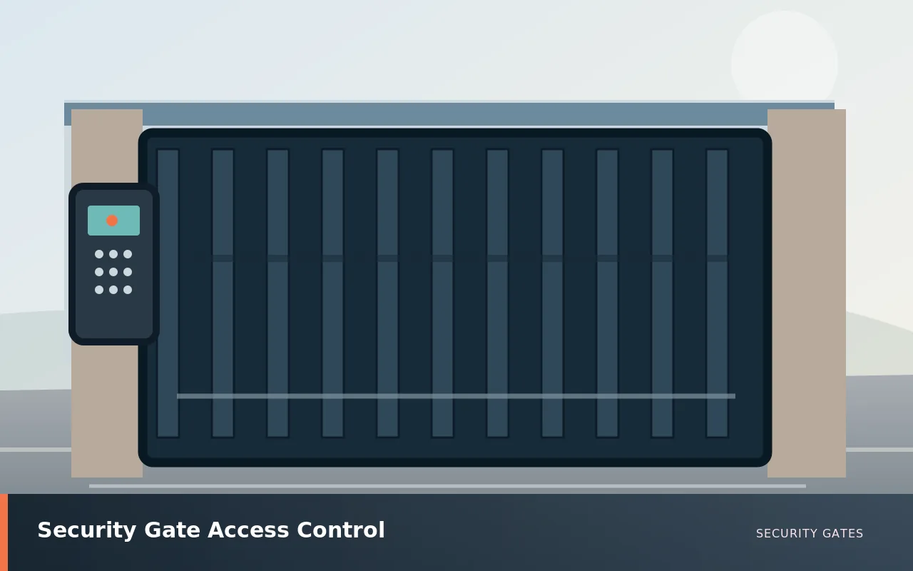 Security Gate Access Control: Digital gate access control reader at a secured entrance. UK security gates service illustration.