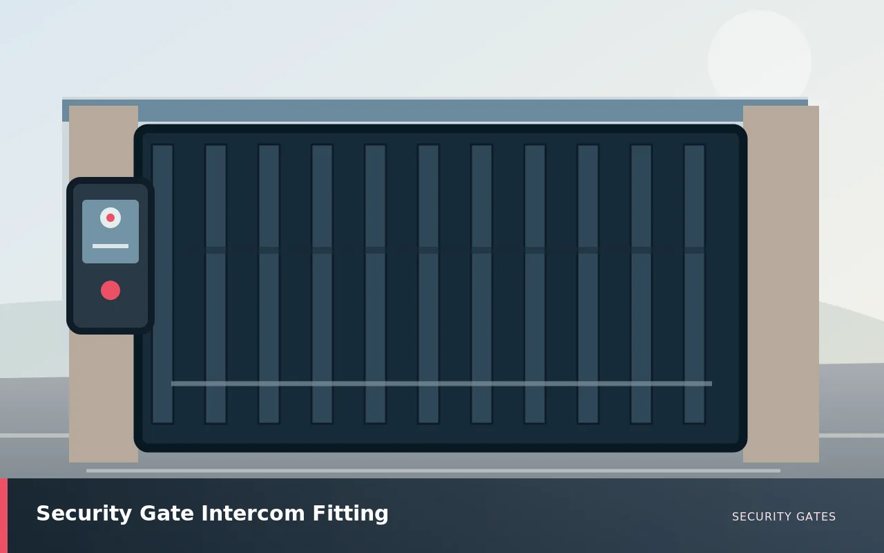 Security Gate Intercom Fitting: Video intercom fitted beside a powered security gate. UK security gates service illustration.