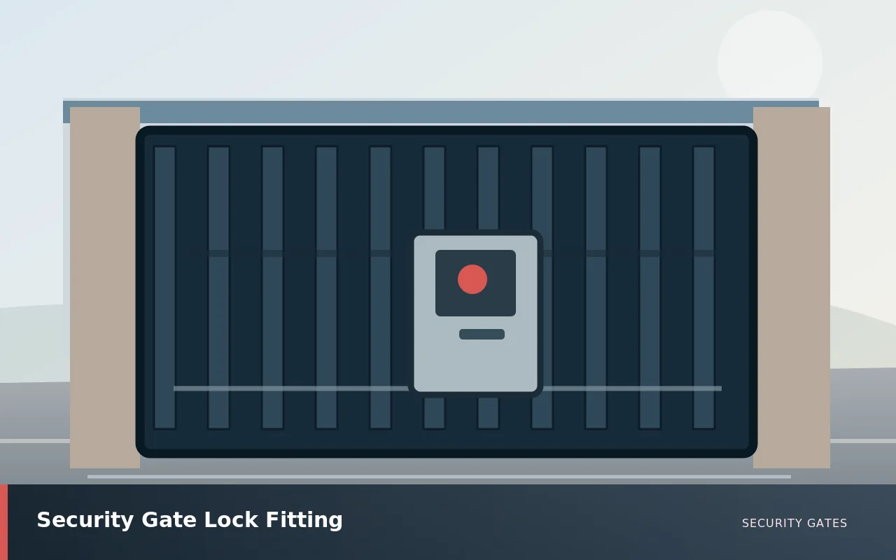 Security Gate Lock Fitting: Close view of a security gate lock and weather-resistant handle. UK security gates service illustration.