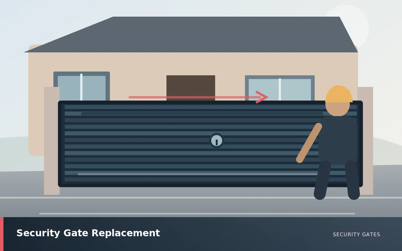 Security Gate Replacement: New contemporary metal security gate installed between refurbished posts. UK security gates service illustration.
