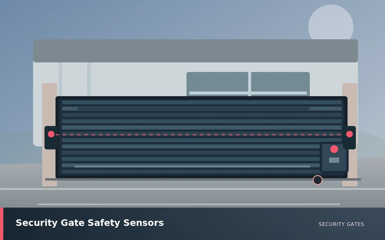 Security Gate Safety Sensors: Safety photocell sensors protecting movement of an automatic gate. UK security gates service illustration.