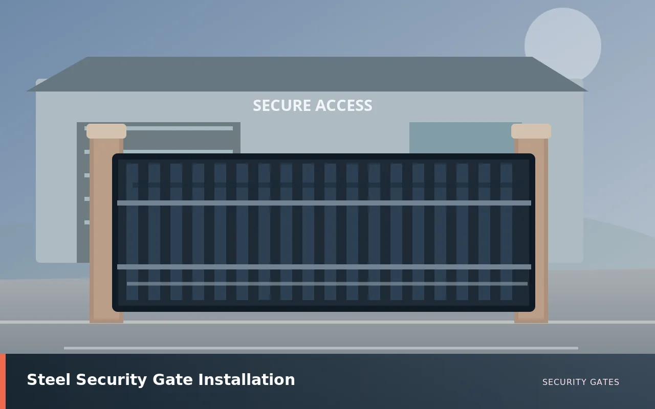 Steel Security Gate Installation: Heavy-duty welded steel security gate for a UK industrial entrance. UK security gates service illustration.