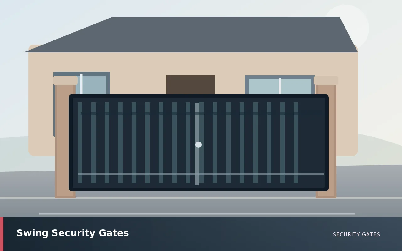 Swing Security Gates: Paired swing security gates with articulated hinges opening onto a driveway. UK security gates service illustration.
